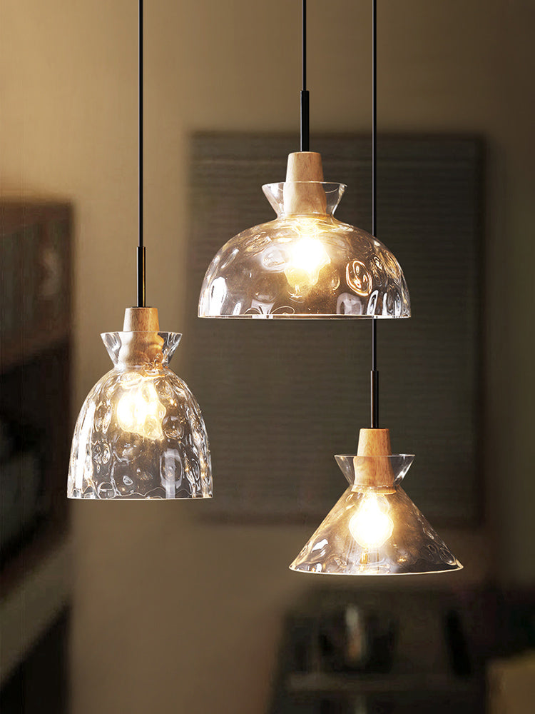 Hanglamp van helder glas met houten lamphouder - 101NS