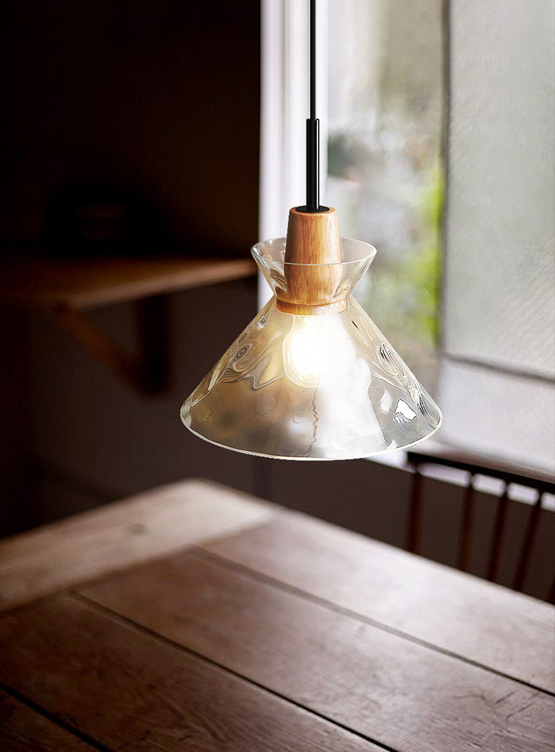 Hanglamp van helder glas met houten lamphouder - 101NS