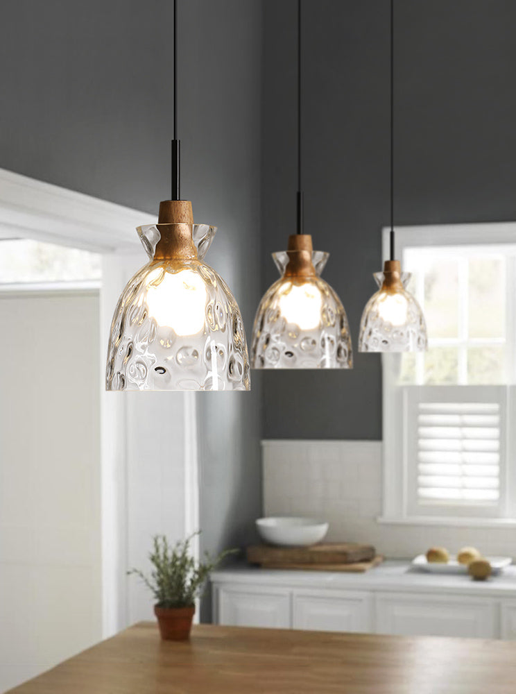 Hanglamp van helder glas met houten lamphouder - 101NS