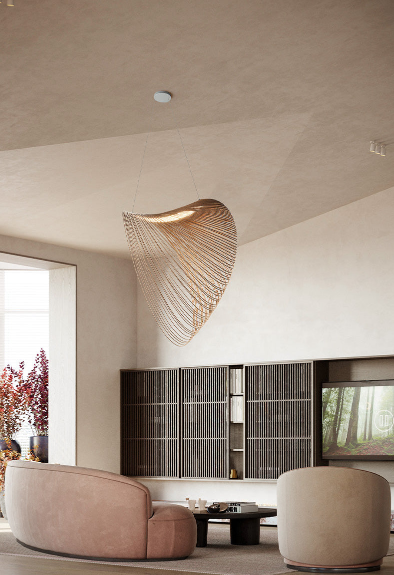Hanglamp met houten ring in Japandi-stijl