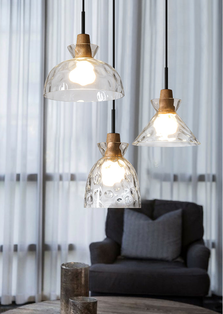 Hanglamp van helder glas met houten lamphouder - 101NS