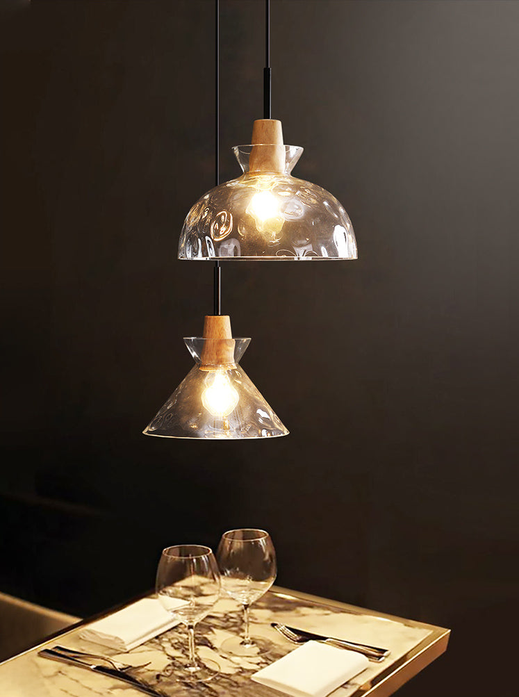 Hanglamp van helder glas met houten lamphouder - 101NS